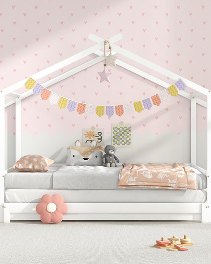 Giantex Extendable House Bed for Kids, Twin to King Daybed with Roof & Fence Rails, Wood Kids Bed Frame for Teens