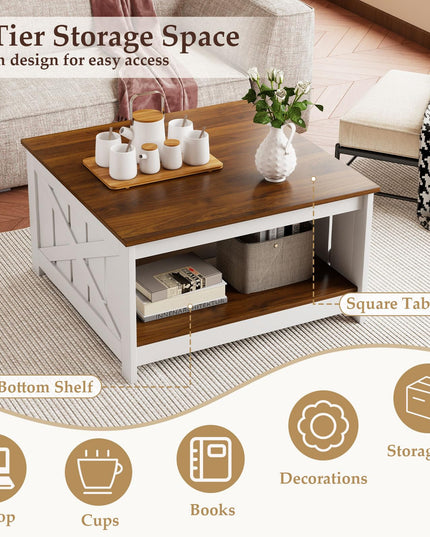 Giantex 31 Inch Farmhouse Square Wood Coffee Table with Storage Shelf  Open Compartment