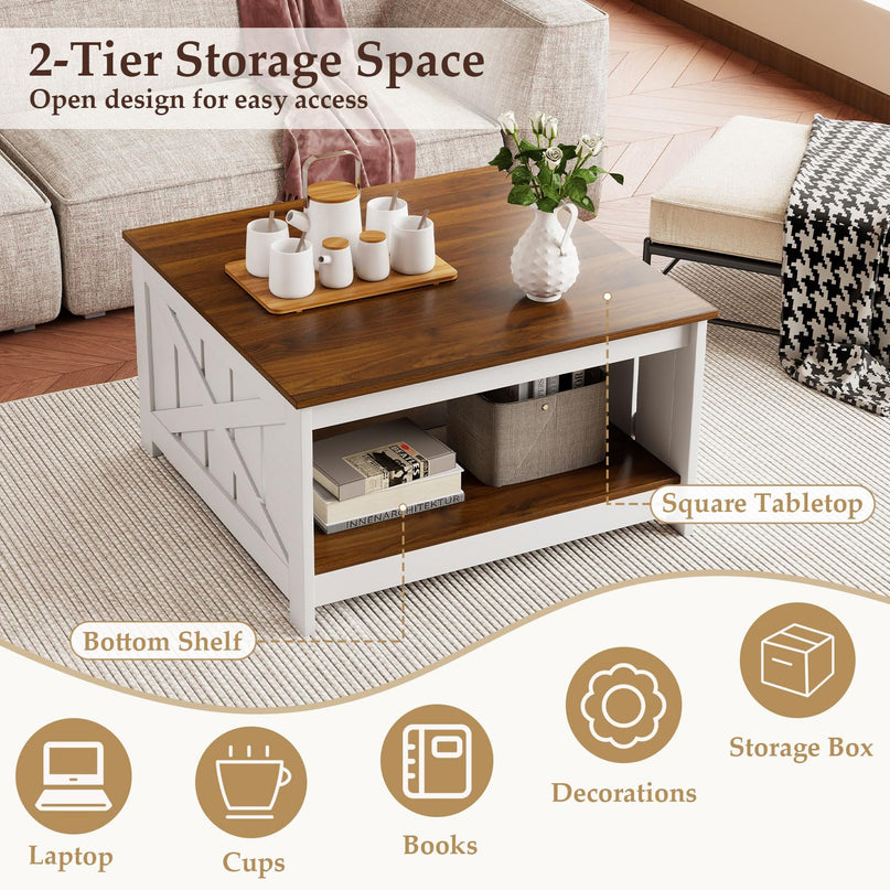 Giantex 31 Inch Farmhouse Square Wood Coffee Table with Storage Shelf  Open Compartment