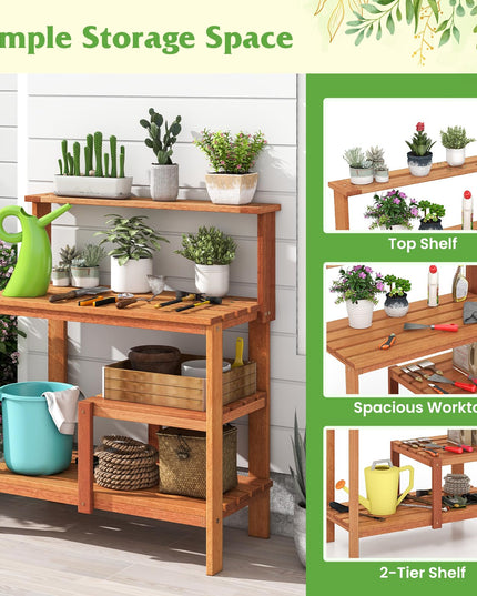 Giantex 4-Tier Potting Bench, Solid Wood Gardening Workstation w/Open Storage Shelves