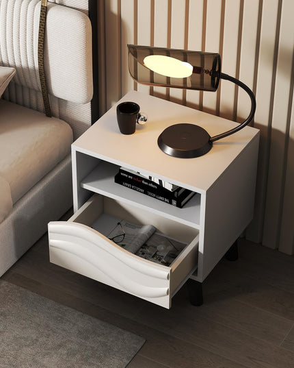 Giantex Mid Century Wood Bedside Table with 3D Wavy Pattern & Open Shelf