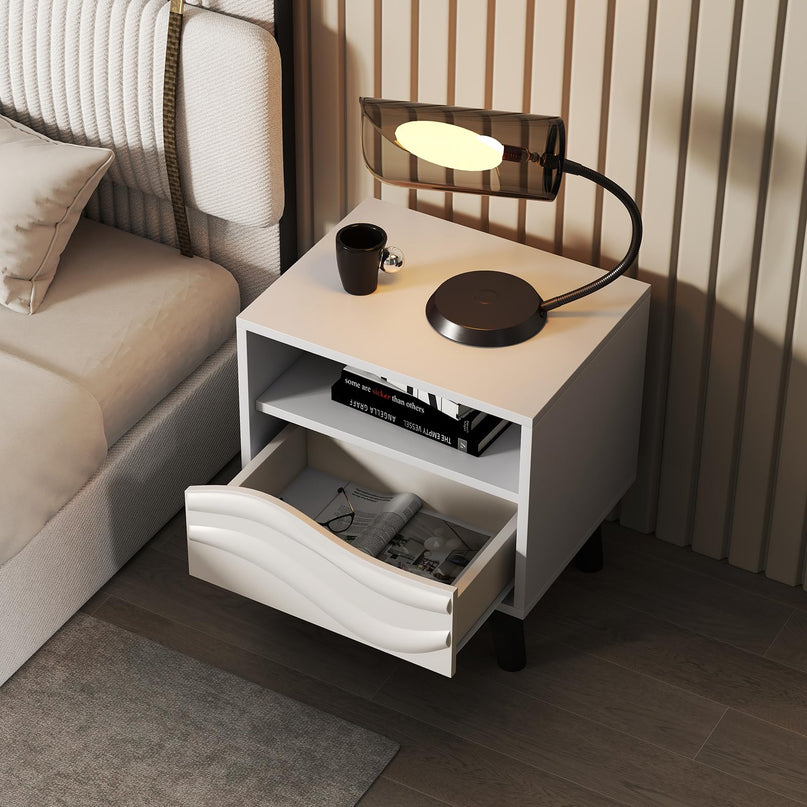 Giantex Mid Century Wood Bedside Table with 3D Wavy Pattern & Open Shelf