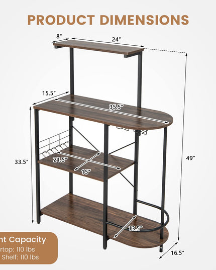 Giantex Kitchen Bakers Rack, 4-Tier Microwave Stand with 6 Hooks & Stemware Racks (Rustic Brown)