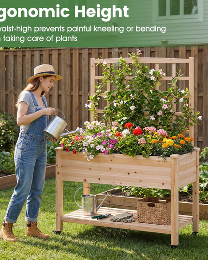 Giantex 65'' Wooden Raised Garden Bed w/Trellis on Wheels (1/2)