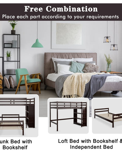 Giantex Twin Over Twin Loft Bed w/ Bookcase, Bunk Bed w/ 12.5" Full-Length Guardrail & Ladder