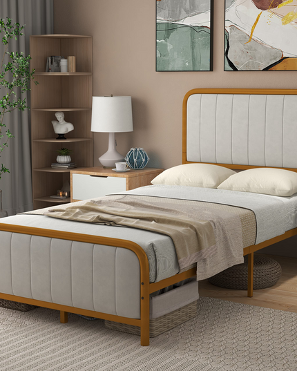 Giantex Twin Size Gold Bed Frame with Velvet Headboard and Footboard, Heavy-duty Metal Slats Support Mattress Foundation