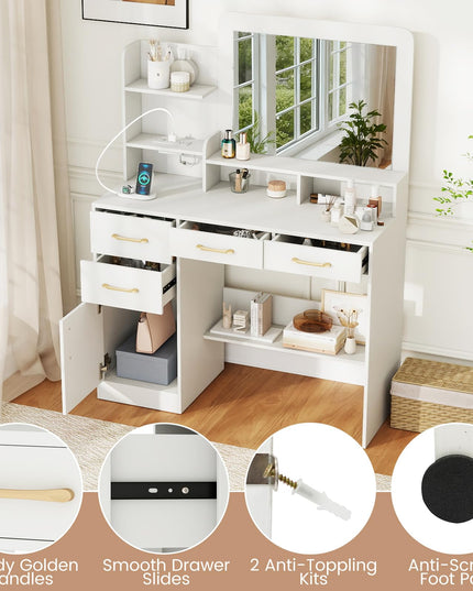 CHARMAID White Makeup Vanity Desk with Mirror & Charging Station