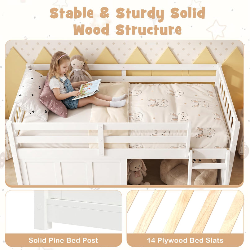 GIANTEX Wooden Low Loft Bed Twin Size with Spacious Under-Bed Play Space