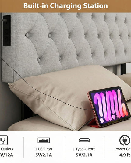 Giantex Headboard with Charging Station Queen/Full Size（Curved Diamond Tufting with Charging）