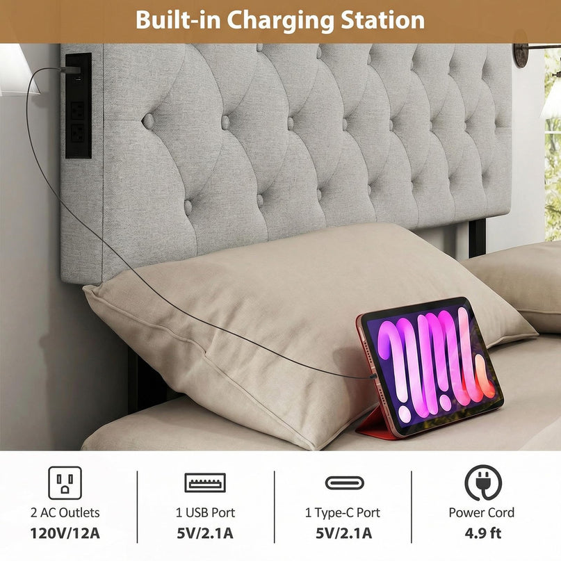 Tête de lit Giantex avec station de charge Grand lit/lit double (capitonnage en losanges incurvés avec chargement)