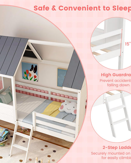 Giantex Twin House Bed Frame, Kids Low Loft Bed Frame with Roof