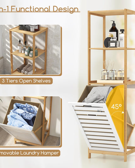 Meuble à Linge Inclinable Giantex - Meuble de Rangement pour Linge avec 3 Étagères, Panier à Linge Amovible