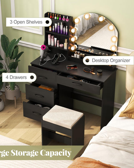 Vanity Desk with Lights - Makeup Vanity Table with Charging Station, 4 Drawers, 3 Storage Shelves