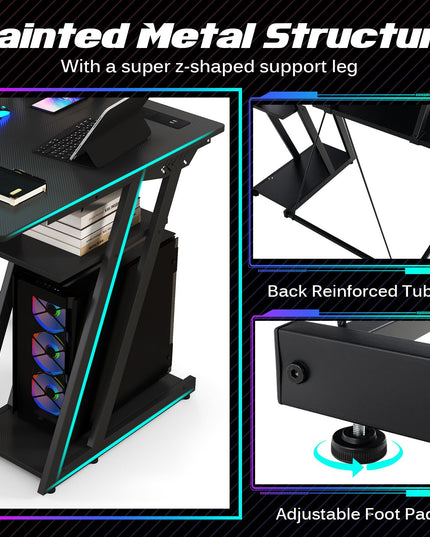 Bureau de jeu en forme de L Giantex avec prises et ports USB, petit bureau d'ordinateur avec étagère pour moniteur
