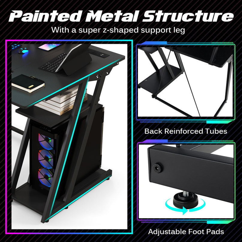 Bureau de jeu en forme de L Giantex avec prises et ports USB, petit bureau d'ordinateur avec étagère pour moniteur