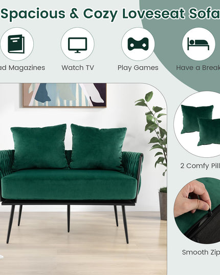 Giantex Loveseat Sofa, Upholstered 2 Seat Sofa Couch with Dutch Velvet, Woven Back and Arms, 2 Pillows