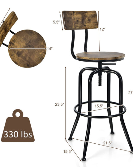 Industrial Bar Stool, Vintage Adjustable Swivel Counter Height Kitchen Dining Chair with Arc-Shaped Backrest