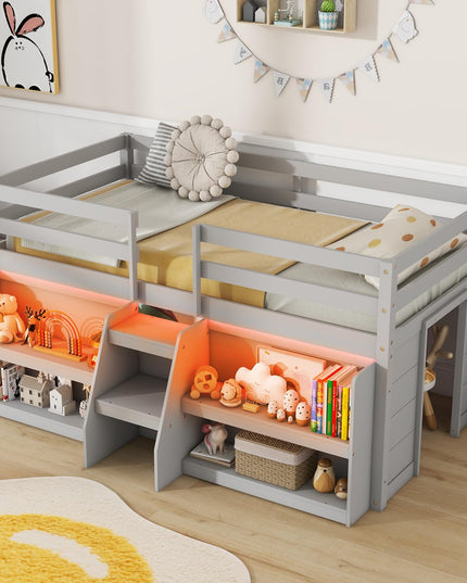 Giantex Low Loft Bed with LED Lights, Wooden Twin Loft Bed with Stairs & Safety Guardrail