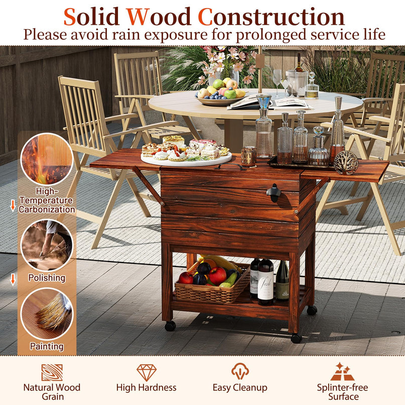 Giantex 54QT Wooden Patio Cooler Cart with Wheels Insulated Rolling Ice Chest with Drain