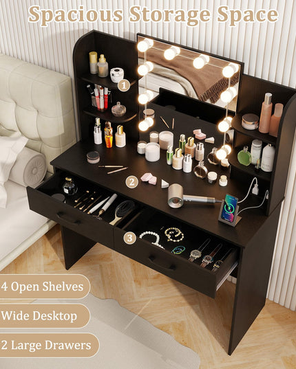 CHARMAID Vanity Desk with Mirror and Lights, Black Makeup Vanity Table with Large Drawers, Storage Shelve