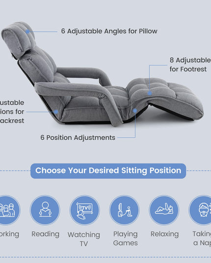 Giantex Foldable Lazy Sofa Bed, 6-Position Adjustable Floor Chair Chaise Lounge with Armrest and Footrest (Gray)