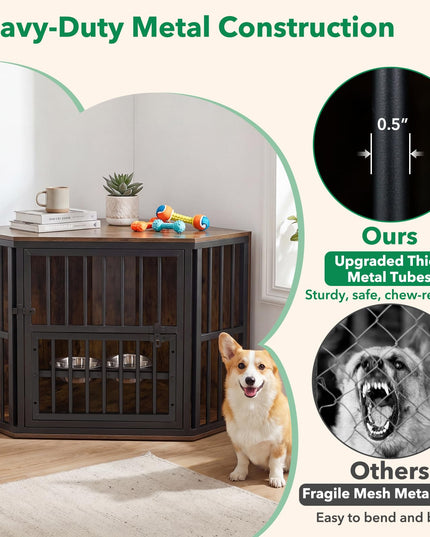 Giantex Wooden Corner Dog Crate Furniture with Adjustable & Reversible Elevated Feeder