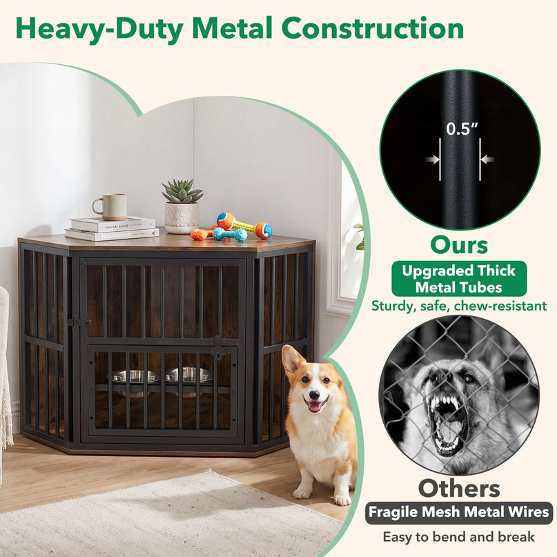 Giantex Wooden Corner Dog Crate Furniture with Adjustable & Reversible Elevated Feeder