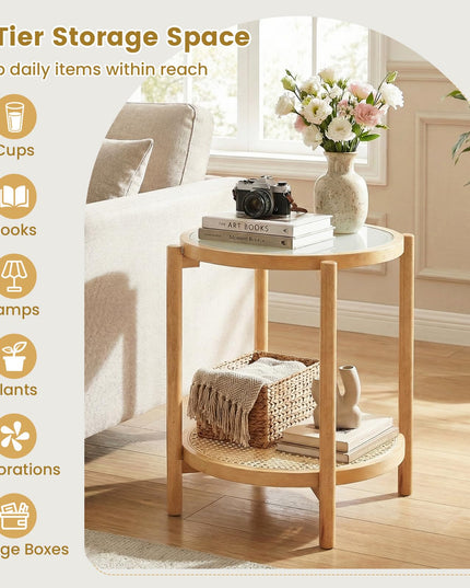 Giantex Rattan Round Side Table | 2-Tier Boho End Table w/Tempered Glass Top (1/2)