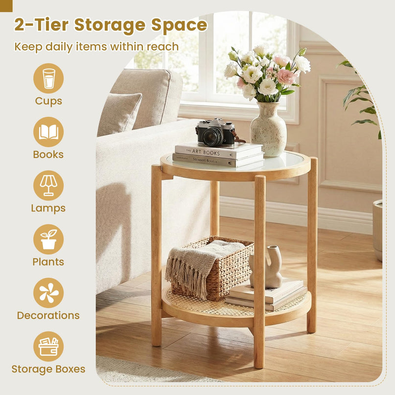 Giantex Rattan Round Side Table | 2-Tier Boho End Table w/Tempered Glass Top (1/2)