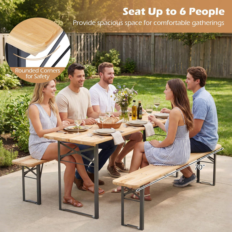 Table de pique-nique pliante 3 pièces Giantex en bois massif avec bancs pour 4 (178 cm)