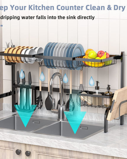 Giantex Over Sink Dish Drying Rack, 2-Tier Dish Drainer with Adjustable Length 21"-39" (Black)