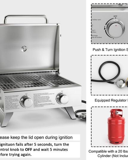 Giantex Portable Gas Grill - Tabletop Propane Grill with 2 Burners, 20,000 BTU total, Built-in Thermometer