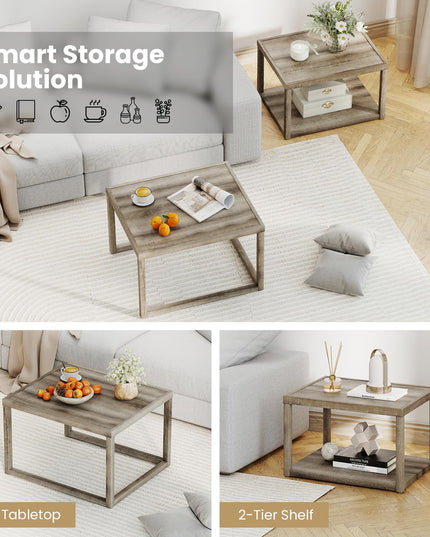Giantex Stackable Nesting Coffee Table Set of 2 with Storage Shelf & Rubber Wood Frame