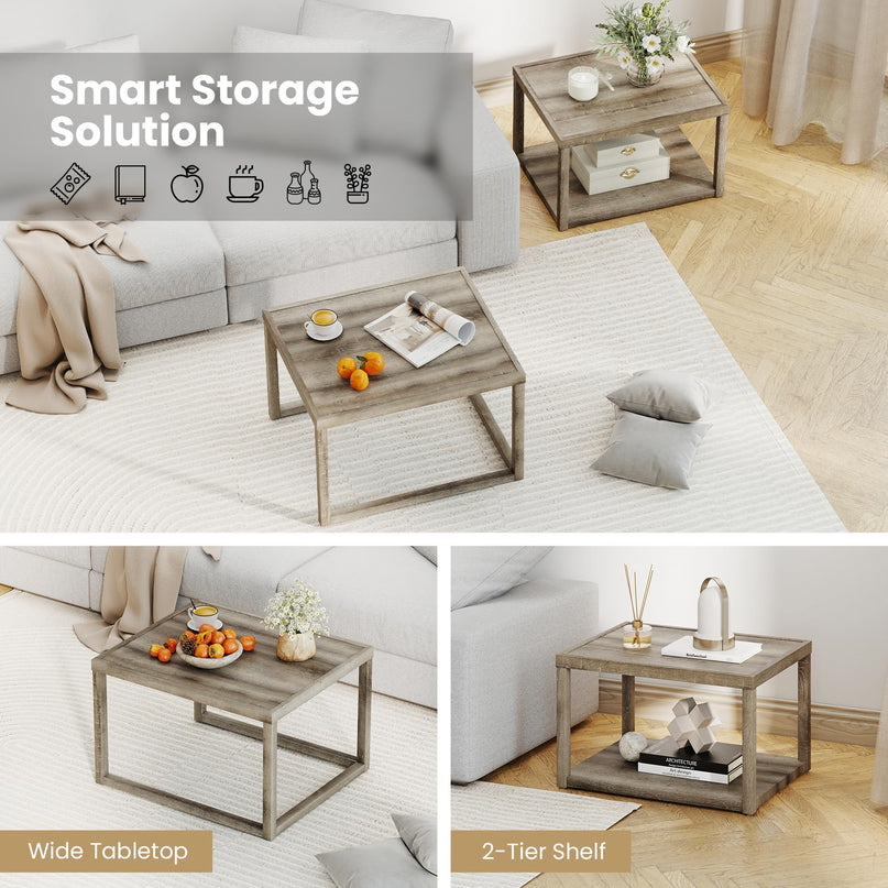 Giantex Stackable Nesting Coffee Table Set of 2 with Storage Shelf & Rubber Wood Frame