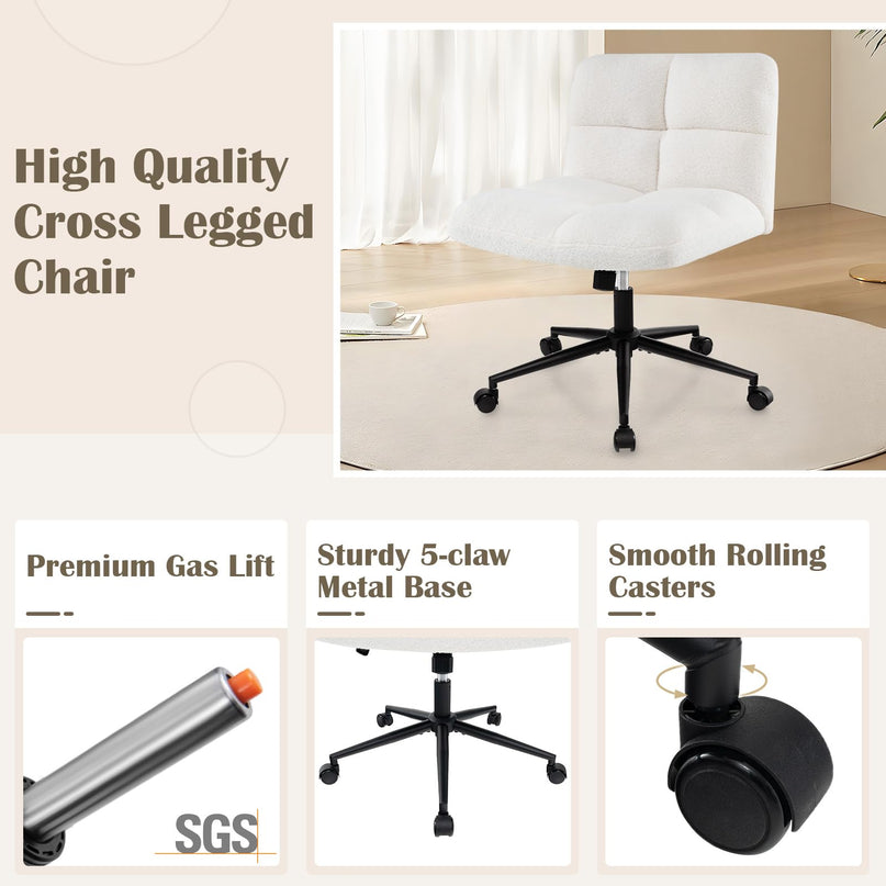 Giantex Criss Cross Chair with Wheels, Faux Fur Cross Legged Office Chair, Armless Wide Desk Chair