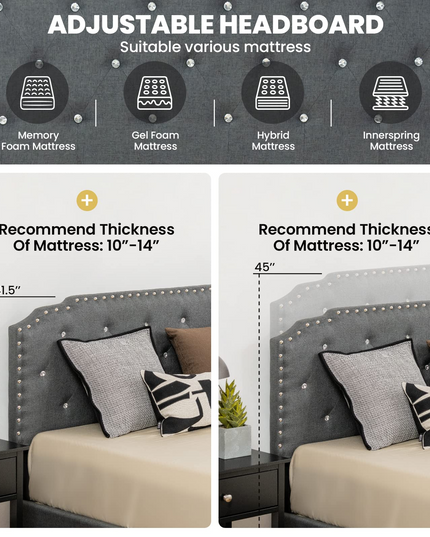 Upholstered Bed Frame w/ Adjustable Headboard, Crystal Tufted Soft Platform Bed Frame w/ Wooden Slats