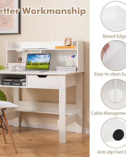 Giantex White Computer Desk with Hutch, Home Office Desk with Power Outlets, USB Ports