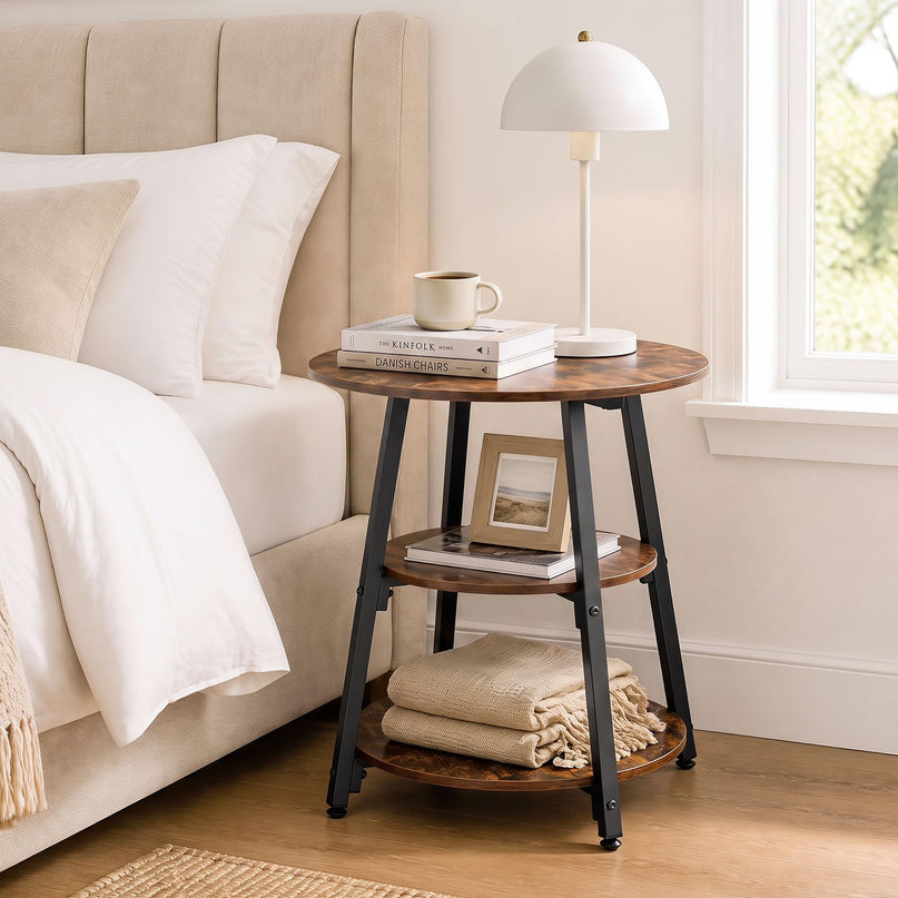 GIANTEX Round Industrial Side Table with Storage Shelves