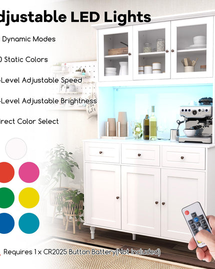 Giantex Pantry Cabinet, 77” Tall Buffet Cabinet with Hutch, LED Lights & Charging Station