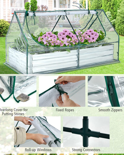 Giantex Galvanized Steel Raised Garden Bed with Mini Greenhouse, Outdoor Metal Planter Box Kit with Large Roll-up PVC Cover