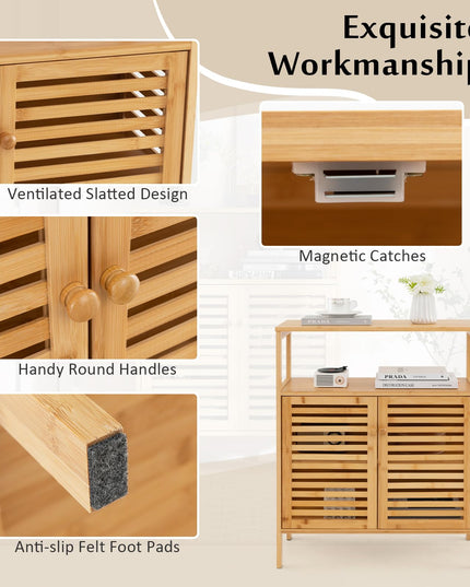 Giantex Storage Cabinet, Bamboo Bathroom Floor Cabinet with Double Louvered Doors