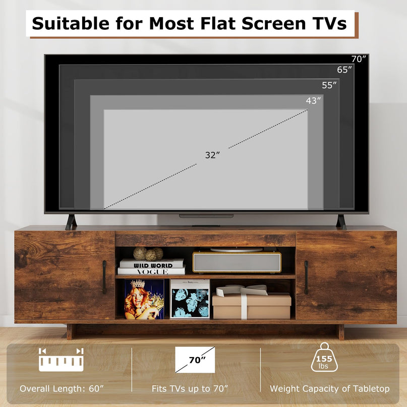 Giantex TV Stand with Power Outlet for TVs up to 70”, Entertainment Center w/ 2 Cable Holes, Open Shelves