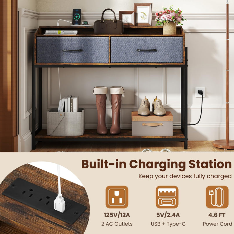 GIANTEX Console Table with Charging Station 43" Narrow Entryway Table