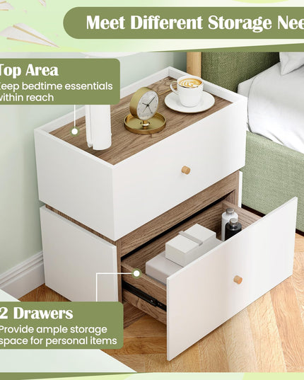 Giantex Modern Nightstand with 2 Storage Drawers, Wooden Night Stand with Raised Edge