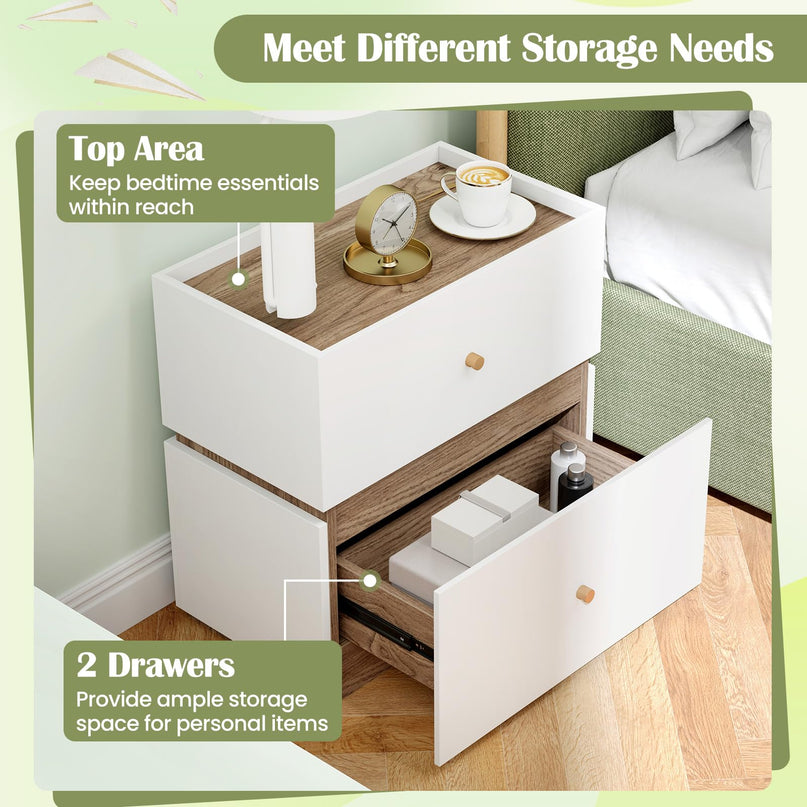 Giantex Modern Nightstand with 2 Storage Drawers, Wooden Night Stand with Raised Edge