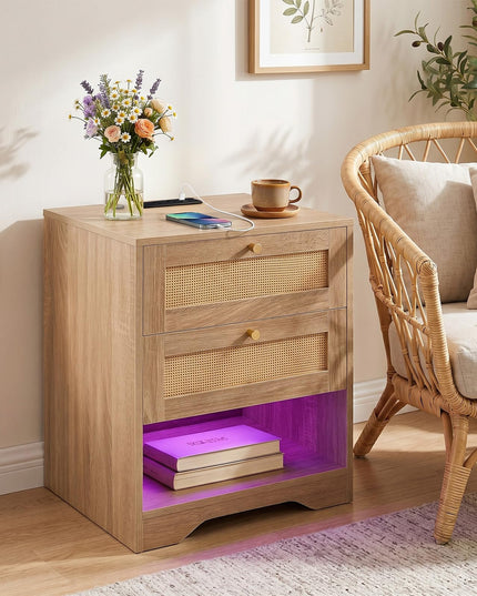 GIANTEX Rattan Nightstand with Charging Station for Bedroom