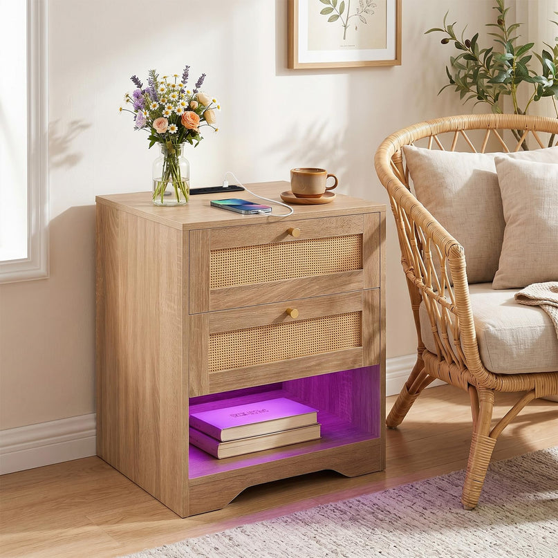 GIANTEX Rattan Nightstand with Charging Station for Bedroom