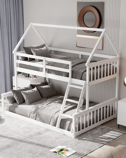 Giantex Twin Over Full House Bunk Bed, Floor Low Bunk Bed Frame w/Integrated Ladder & Safety Guardrails
