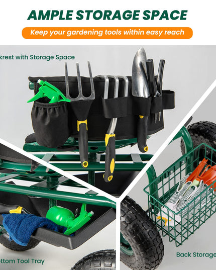 Giantex Garden Cart, Rolling Workseat with 4 Wheels, Tool Tray, Removable Cushion, Storage Basket