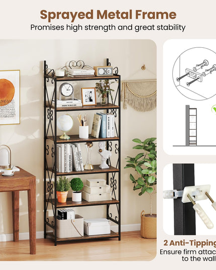 Giantex 6-Tier Industrial Bookcase with Scrollwork Metal Frame & 2 Anti-Tipping Kits